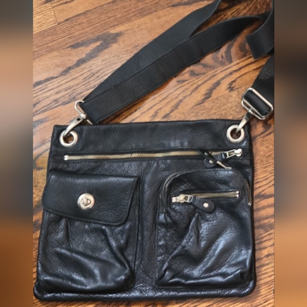 Roots Black Leather Messenger Bag